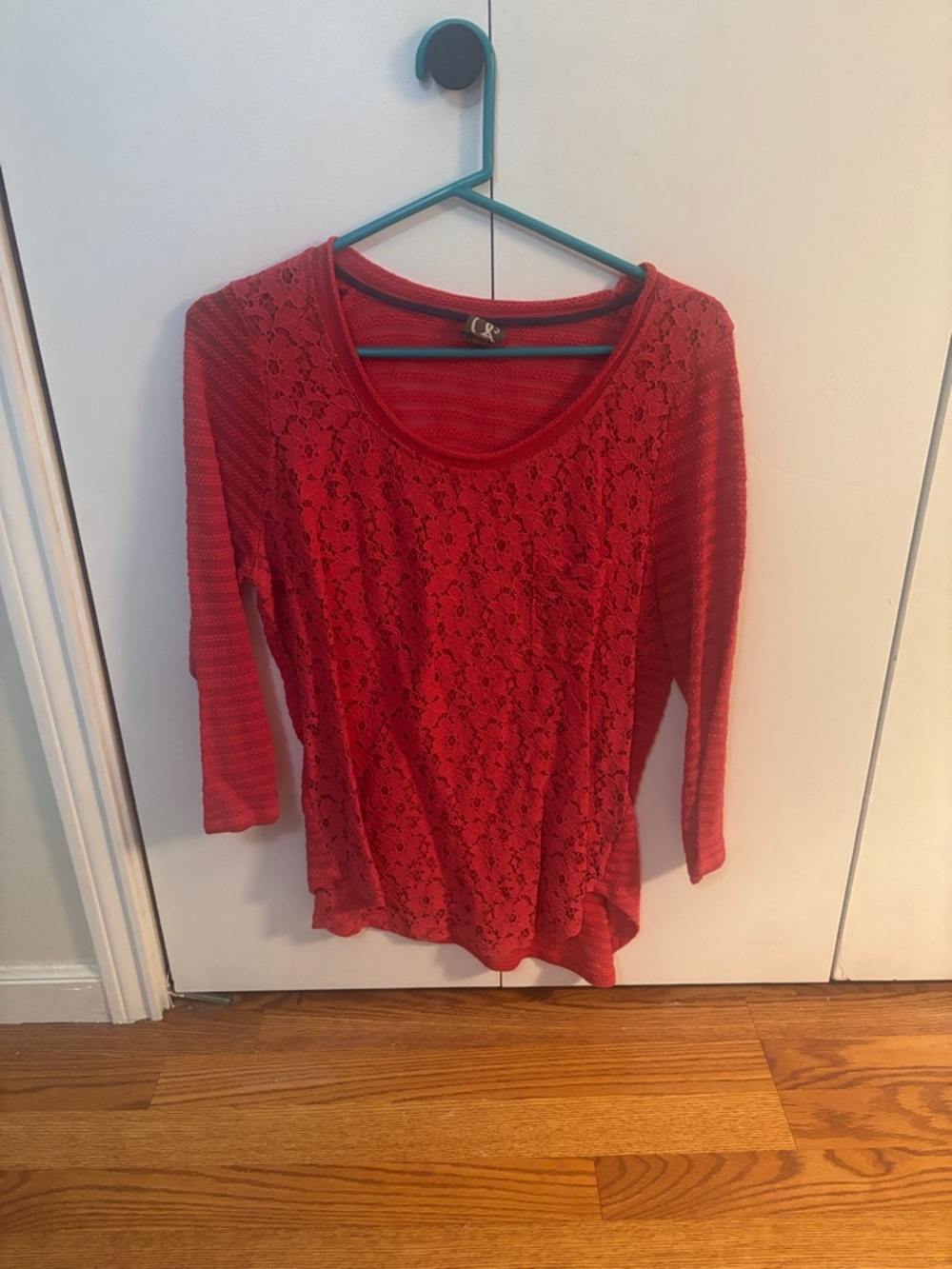 Women's Red Lace Scoop Neck Long Sleeve Top - Brand: